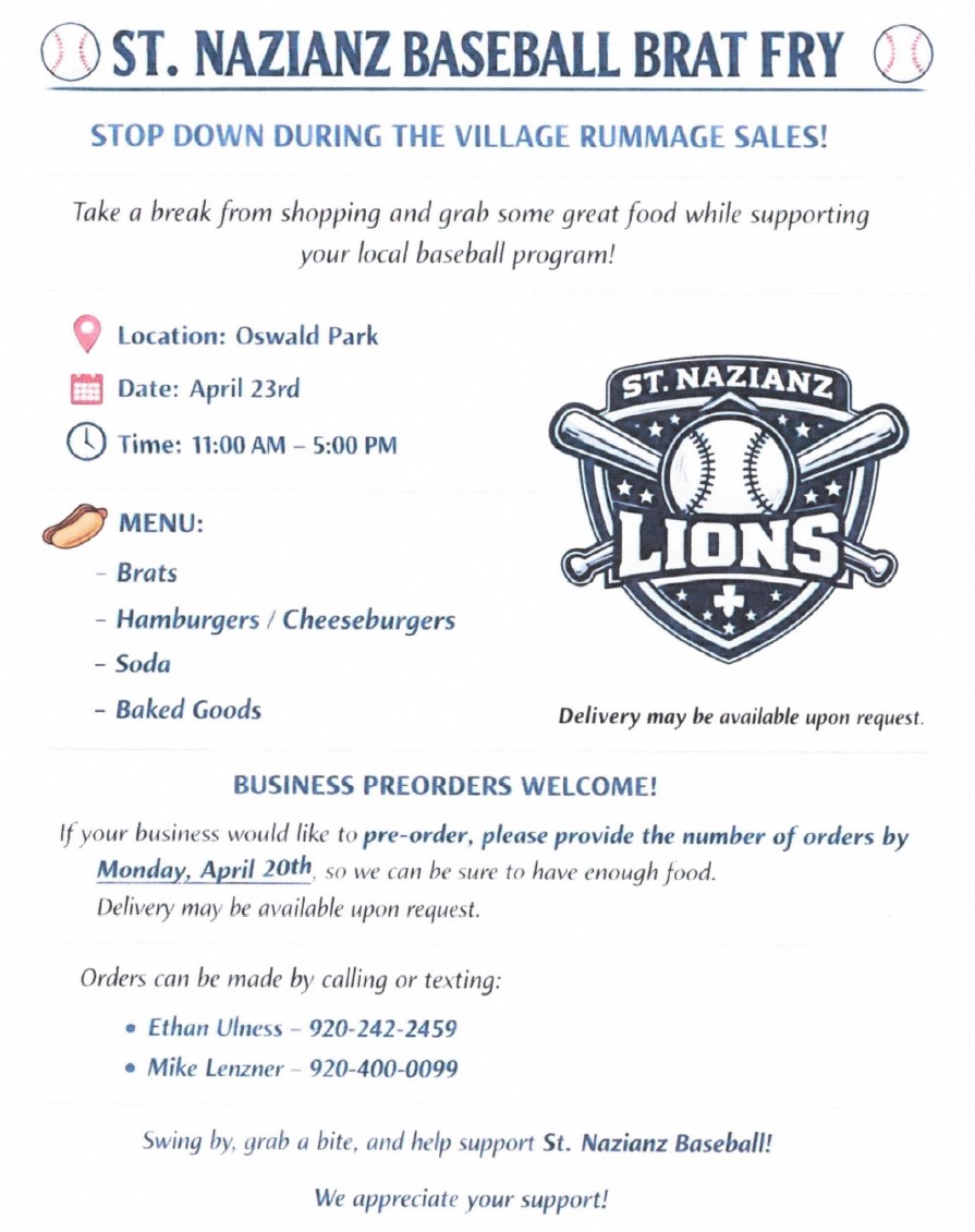2026 St Nazianz Baseball Brat Fry